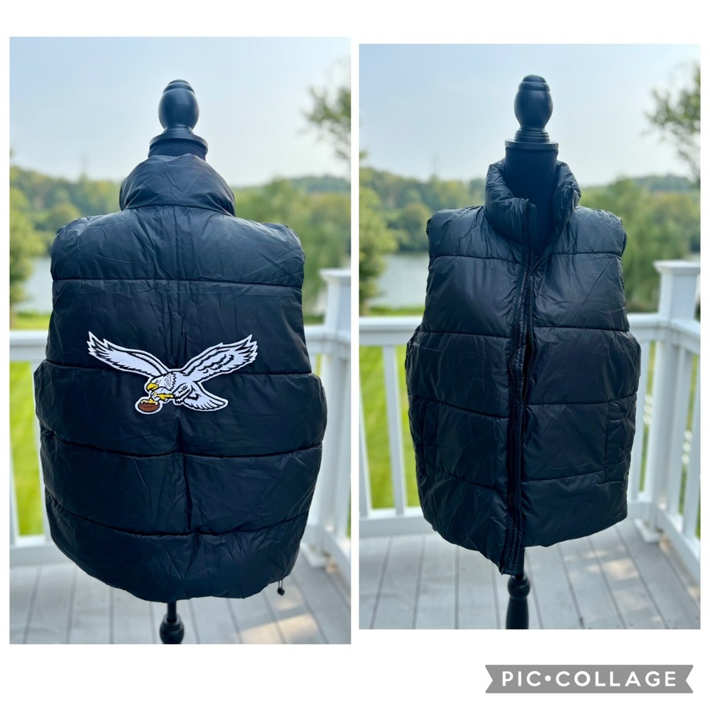 Womens Black Puffer Vest inspired by Eagles Logo